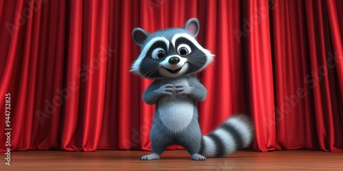 3D rendered illustration of a cartoon raccoon character on a stage with a speech theme