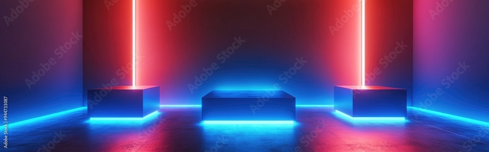 3D Composition Featuring Three Blue Cubes and a Podium 3D Composition Featuring Three Blue Cubes and a Podium