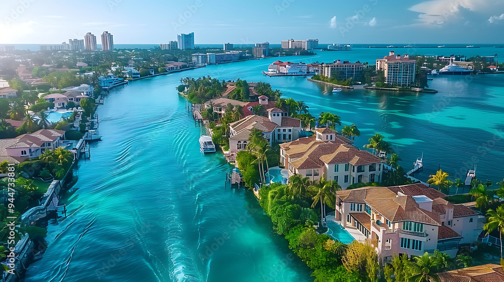 Fototapeta premium From Paradise Island, an aerial view of Harborside Villas along Nassau Harbor, Nassau's cityscape in the distance in the Bahamas. HD image