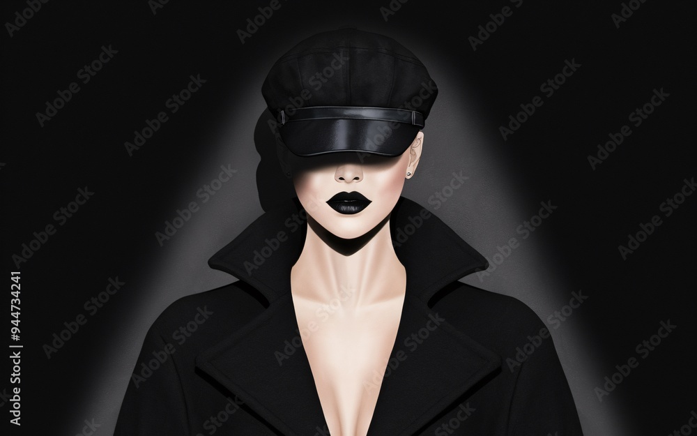 Half body illustration of a stylish woman wearing a black cap, a black coat, and bold black lipstick. Half body illustration of a stylish woman wearing a black cap, a black coat, and bold black lipstick.