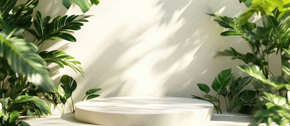 3D rendered podium display with shadows set against a light background surrounded by green tropical leaves Abstract nature inspired backdrop suitable for product advertising spa treatments relaxati 3D rendered podium display with shadows set against a light background surrounded by green tropical leaves Abstract nature inspired backdrop suitable for product advertising spa treatments relaxati