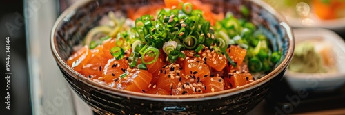 Side perspective of an appetizing poke bowl placed on a dining table photo