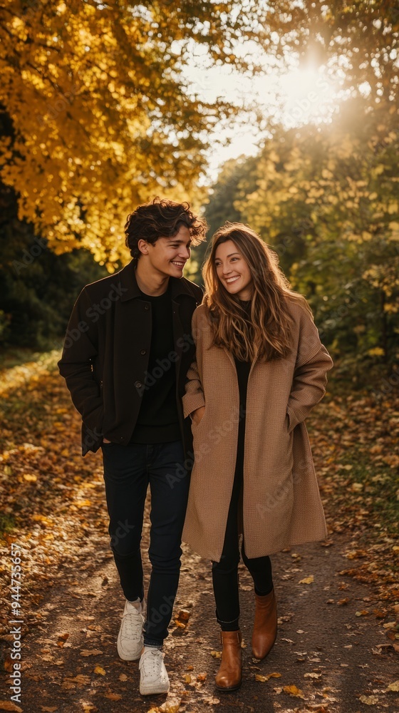 A stylish couple with a sunny smile in a natural autumn scene A stylish couple with a sunny smile in a natural autumn scene
