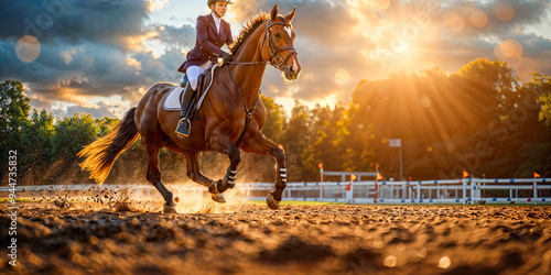 Horse with rider in dressage event, wide banner, copyspace