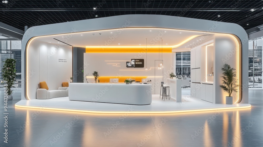 Fototapeta premium Modern Exhibition Stand Design with White and Yellow Elements