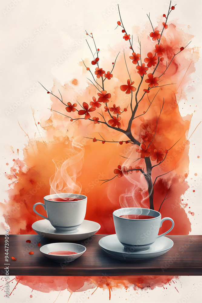 Tea party poster image, delicate porcelain tea set with cups and saucers Tea party poster image, delicate porcelain tea set with cups and saucers