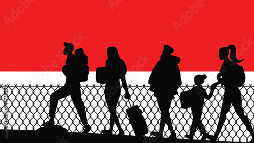 Immigration and refugees front of Indonesia flag, immigrant and refugee concept, Indonesia immigrants, refugee day, freedom and human rights idea, poverty and illegal immigrants