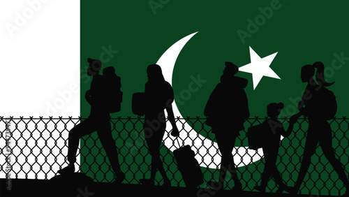 Immigration and refugees front of Pakistan flag, immigrant and refugee concept, Pakistan immigrants, refugee day, freedom and human rights idea, poverty and illegal immigrants