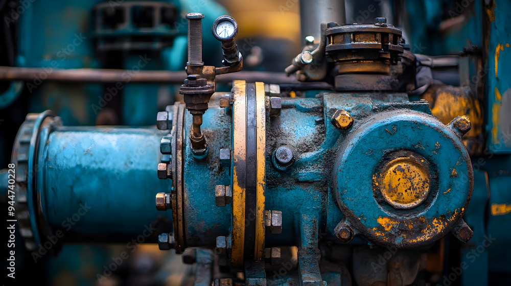 Intricate Mechanical Apparatus with Valves and Gauges in Industrial Setting Intricate Mechanical Apparatus with Valves and Gauges in Industrial Setting