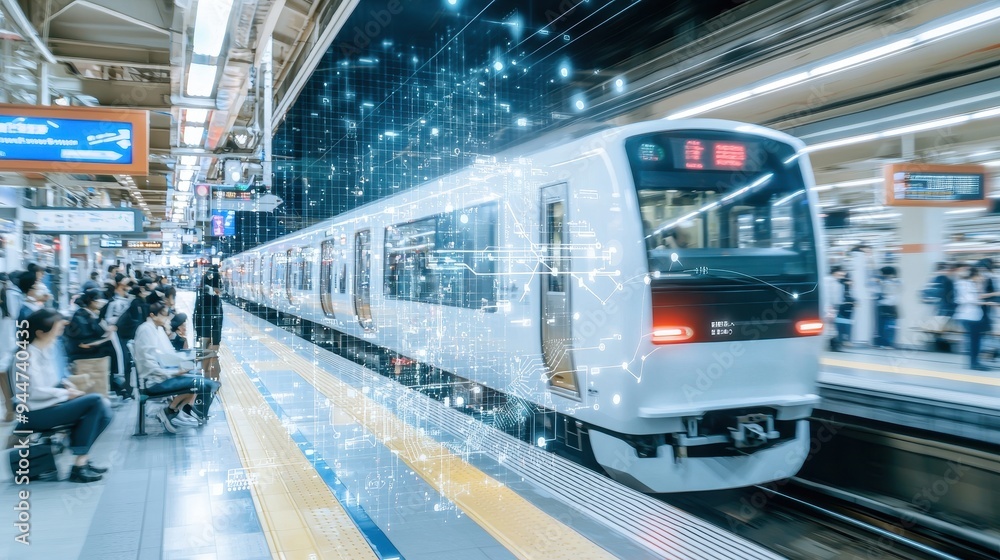 Fototapeta premium High Speed Train Arriving at Station with Digital Overlay