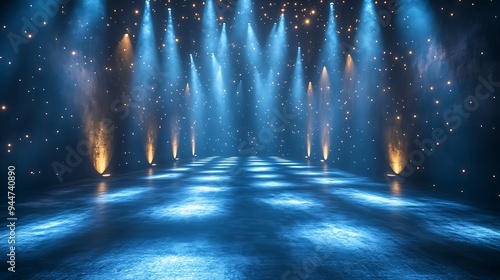 Blue and gold spotlights illuminate an empty stage with smoke and glitter. photo