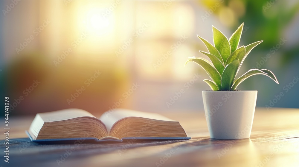 A book is open on a table with a potted plant next to it A book is open on a table with a potted plant next to it