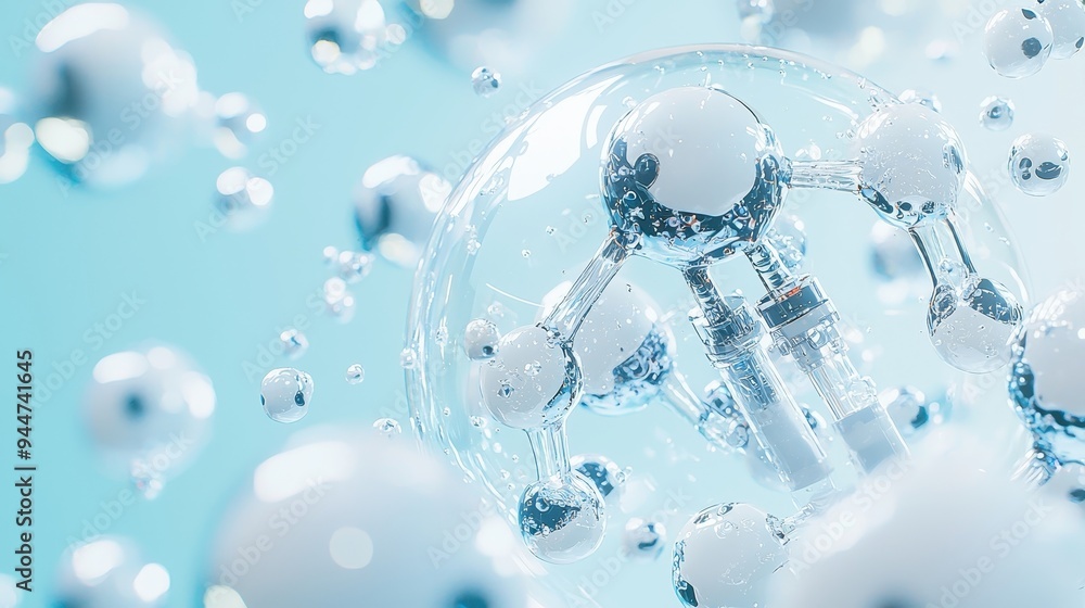 Abstract Blue Background with Water Molecules and Bubbles