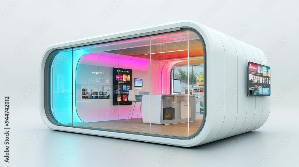 Modern Futuristic Kiosk Design with Curved Walls Glass Windows and LED Lighting Modern Futuristic Kiosk Design with Curved Walls Glass Windows and LED Lighting