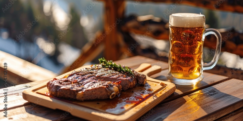 Barbecued steak and beer served on a wooden surface during a sunny winter afternoon on the terrace Barbecued steak and beer served on a wooden surface during a sunny winter afternoon on the terrace