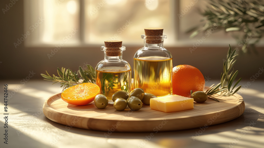 An inviting still life featuring bottles of olive oil, fresh oranges, olives, and rosemary on a wooden tray, illuminated by soft natural light. An inviting still life featuring bottles of olive oil, fresh oranges, olives, and rosemary on a wooden tray, illuminated by soft natural light.