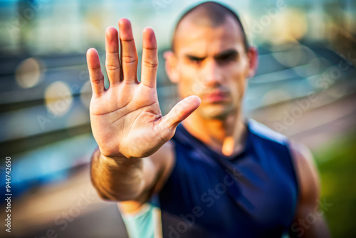 Man Holding Up Hand In Stop Gesture.  Serious Expression.  Close-Up. photo