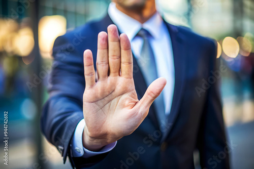 Businessman In Suit Holding Up Hand, Stop Sign, Warning. photo