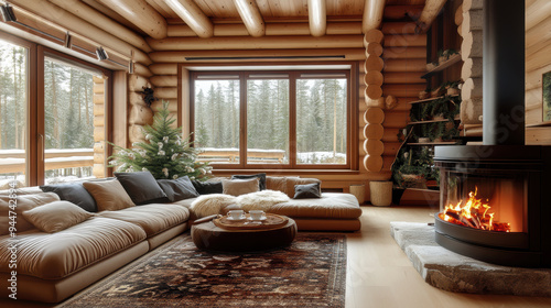 Luxurious wooden cabin interior with a large fireplace, spacious leather sofa, and modern décor, framed by large snowy windows.