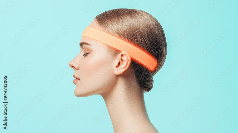 Woman with headband side profile blue background Woman with headband side profile blue background