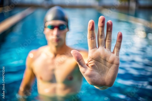 Swimmer Holding Up Hand In Pool, Warning, Stop, Safety, Caution, Water Safety. photo