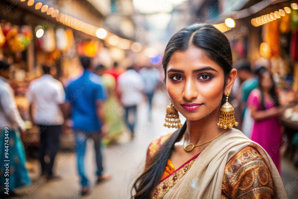 Beautiful Indian Woman In A Sari, Smiling In A Busy Market. Beautiful Indian Woman In A Sari, Smiling In A Busy Market.