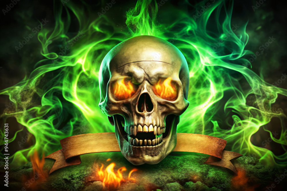 Fiery Skull With Green Flames And Banner. Fiery Skull With Green Flames And Banner.