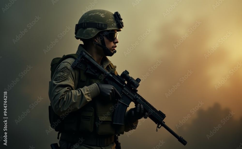 A soldier is standing in the woods with a rifle A soldier is standing in the woods with a rifle