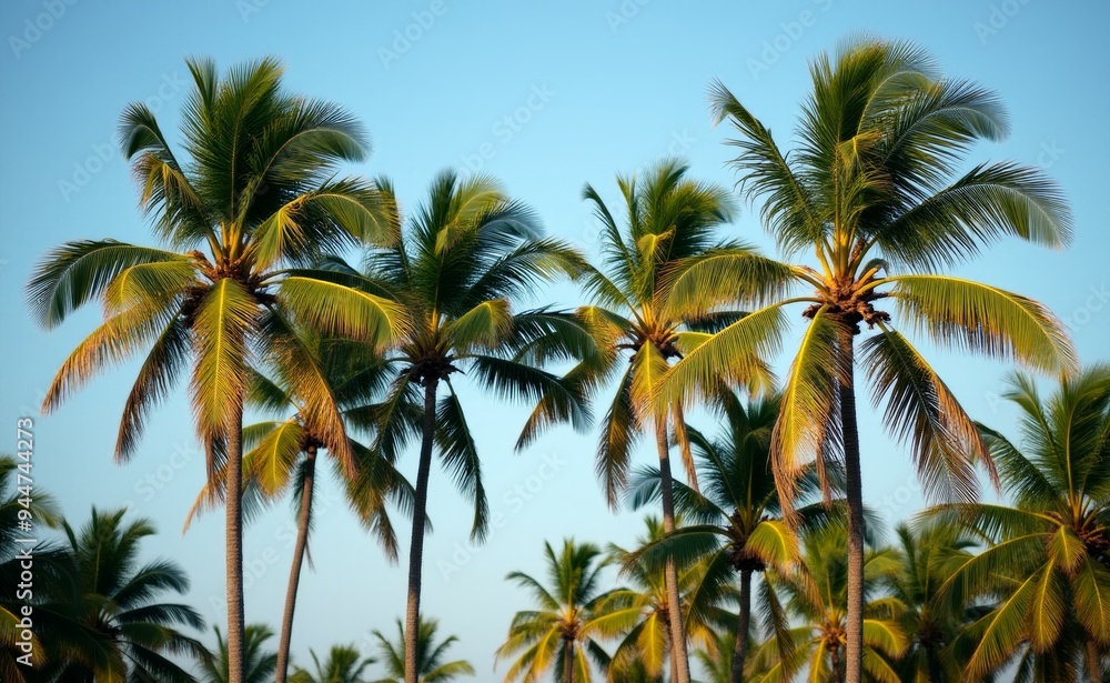 A row of palm trees with their leaves spread out in the sun A row of palm trees with their leaves spread out in the sun