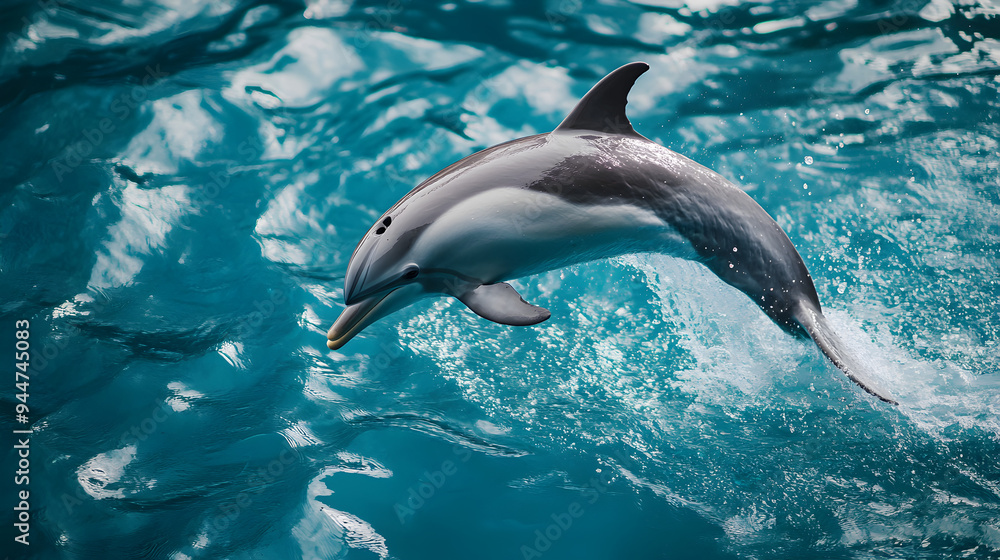 Obraz premium Playful Dolphin Jumping Out of Turquoise Ocean Waves in Sunny Tropical Setting