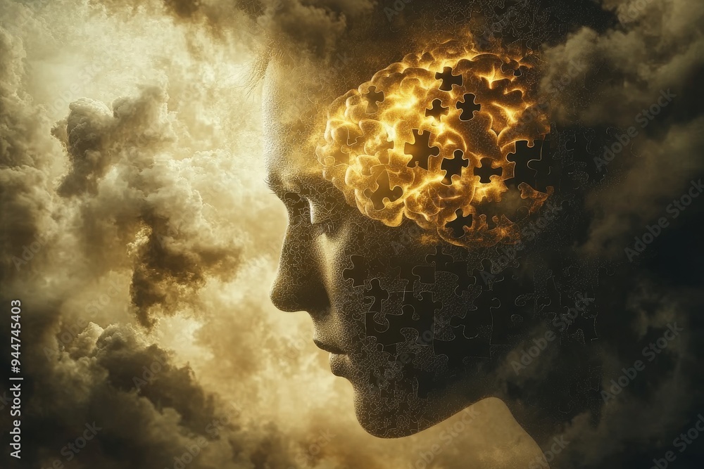 Profile of Man with Split Face and Abstract Brain Elements Depicting the Duality of Thought and the Complex Interplay Between Rationality and Emotion