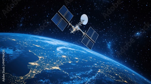Satellite orbiting Earth with solar panels and antenna