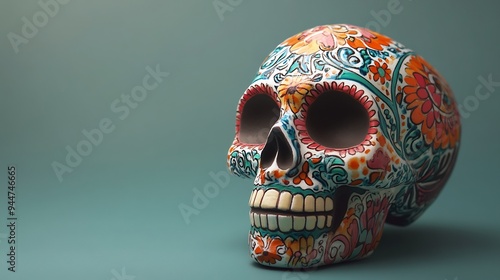 Decorated Sugar Skull on a Teal Background