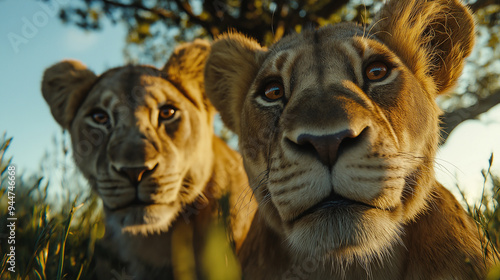 Lions from the Side in a Low-Angle View at Twilight, Capturing Detailed Mane and Regal Presence