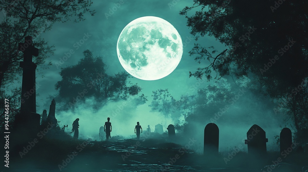 Spooky Graveyard with Walking Figures under Full Moon Spooky Graveyard with Walking Figures under Full Moon