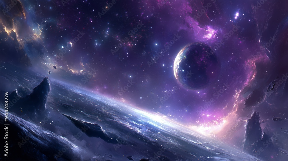A breathtaking view of a distant planet surrounded by vibrant cosmic colors and swirling galaxies in the vastness of outer space A breathtaking view of a distant planet surrounded by vibrant cosmic colors and swirling galaxies in the vastness of outer space