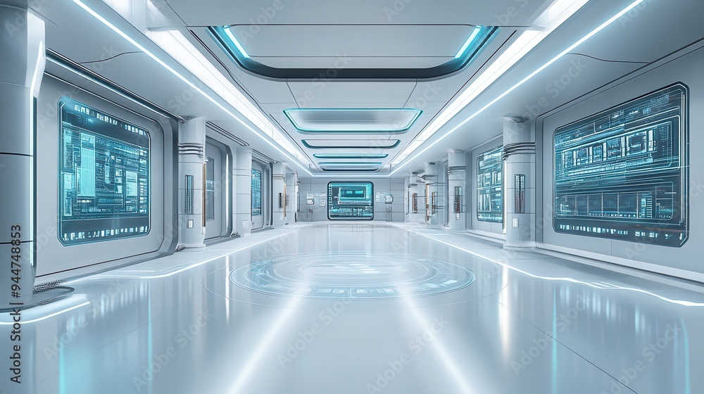 Futuristic White Corridor with Blue Lights and Screens Futuristic White Corridor with Blue Lights and Screens
