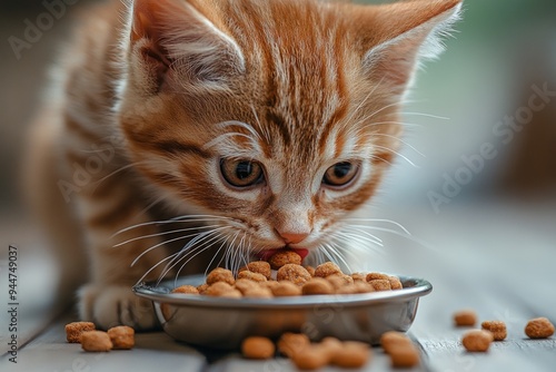 A close-up portrait of a cute orange tabby kitten eating from a wooden bowl filled with kibble.