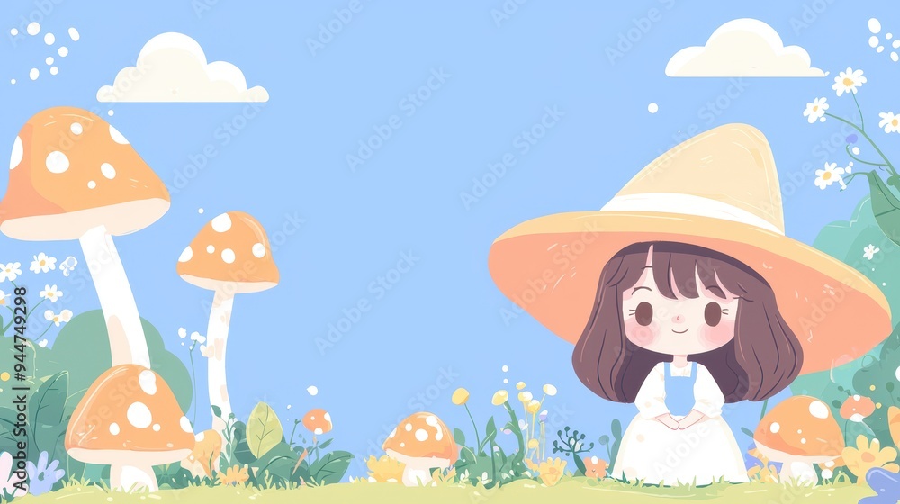 Fototapeta premium Cute Girl with Hat in a Mushroom Forest