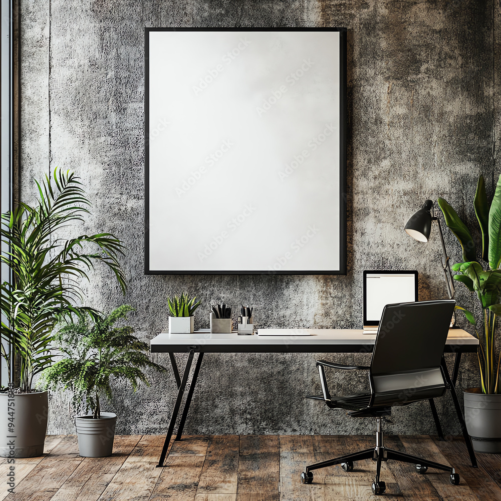 Modern home office with minimalist decor, featuring plants, a large blank frame, and a sleek desk and chair setup for productivity. Modern home office with minimalist decor, featuring plants, a large blank frame, and a sleek desk and chair setup for productivity.