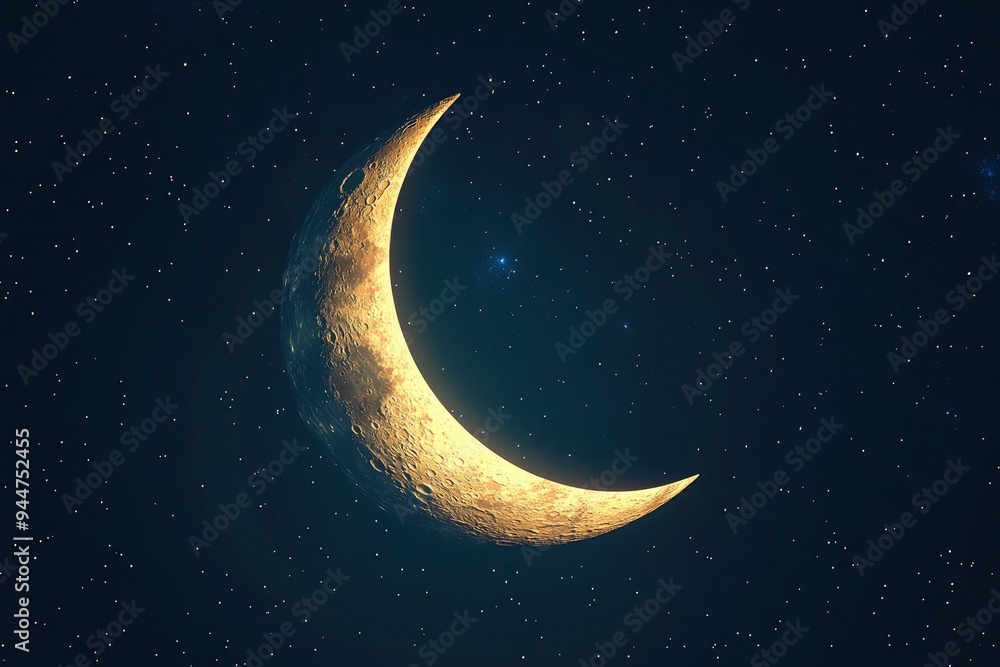Detailed Crescent Moon in the night sky. Crescent Moon on black background with space for Ramadan theme with generative ai Detailed Crescent Moon in the night sky. Crescent Moon on black background with space for Ramadan theme with generative ai