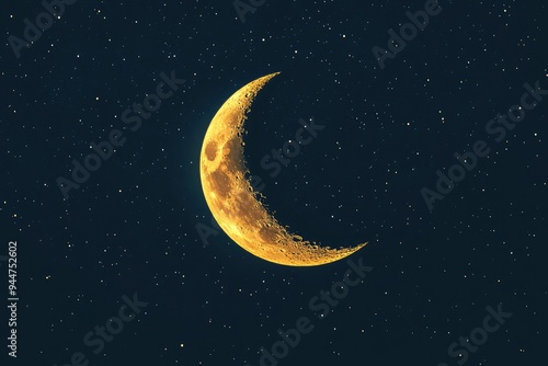 Detailed Crescent Moon in the night sky. Crescent Moon on black background with space for Ramadan theme with generative ai