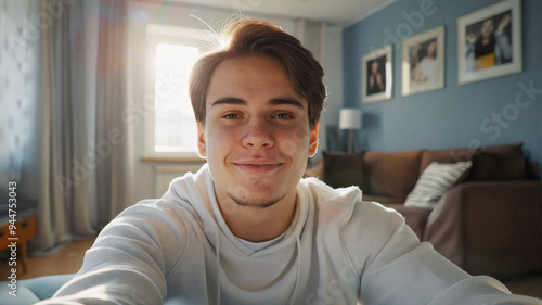 Young man with a slight smile taking a selfie in a cozy living room, sunlight streaming through the window, creating a warm and relaxed atmosphere