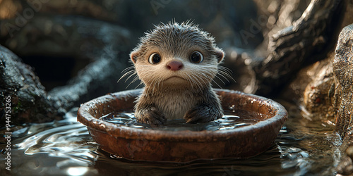 A cute baby otter is sitting in a bowl of water, generative AI photo