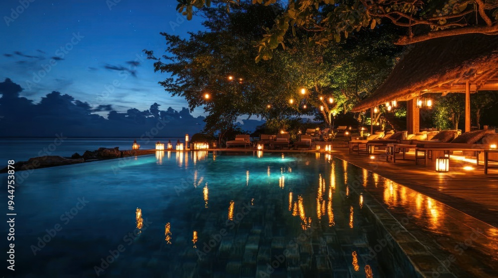 Nighttime View of a Pool and Cabanas with Lanterns Nighttime View of a Pool and Cabanas with Lanterns