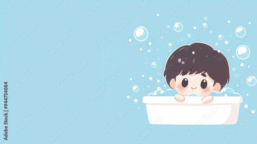 Cute Cartoon Boy Enjoying a Relaxing Bath with Bubbles Cute Cartoon Boy Enjoying a Relaxing Bath with Bubbles