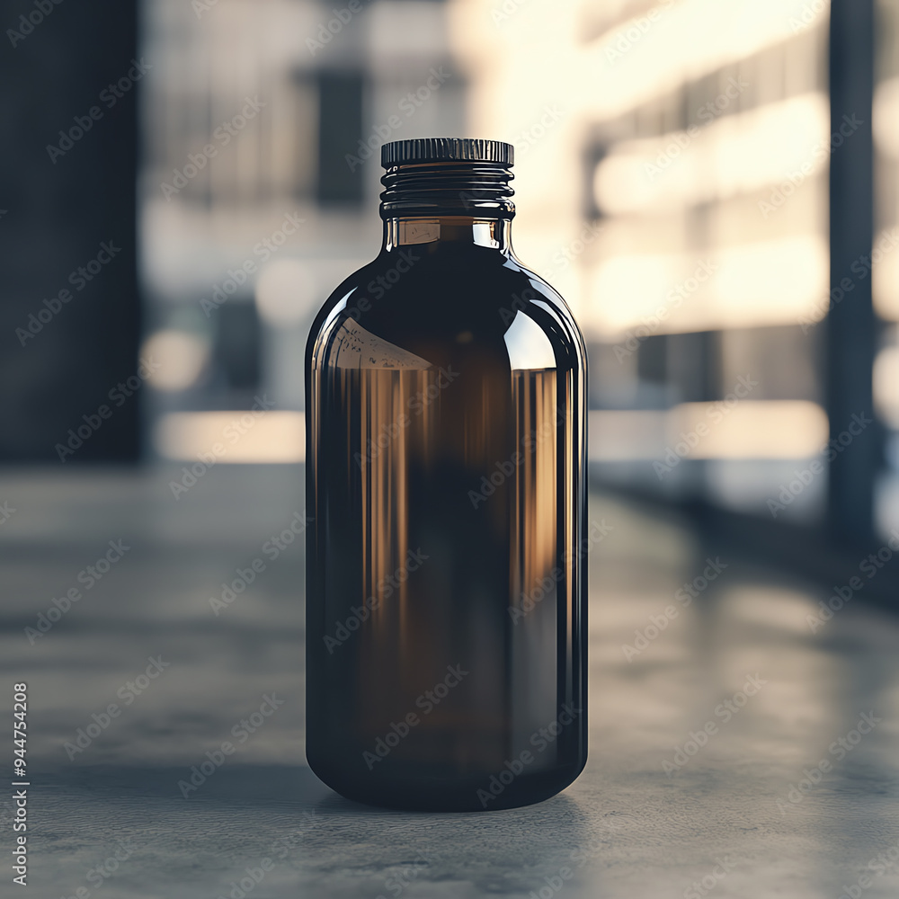 A close-up of a dark glass bottle on a table with a blurred background, in natural light. Ideal for product or container visuals. A close-up of a dark glass bottle on a table with a blurred background, in natural light. Ideal for product or container visuals.