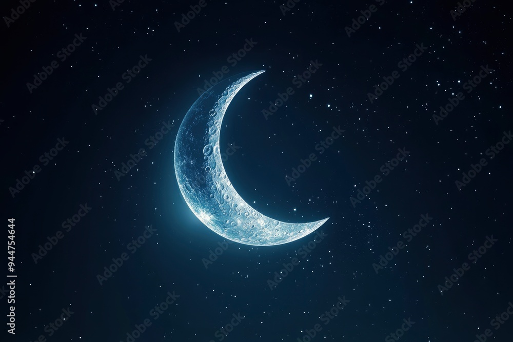 Detailed Crescent Moon in the night sky. Crescent Moon on black background with space for Ramadan theme with generative ai Detailed Crescent Moon in the night sky. Crescent Moon on black background with space for Ramadan theme with generative ai