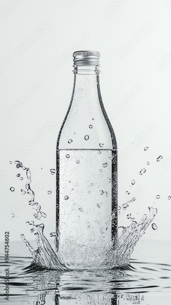 Clear glass bottle splashing into water with bubbles and ripples around, on a white background, creating a refreshing and dynamic scene. Clear glass bottle splashing into water with bubbles and ripples around, on a white background, creating a refreshing and dynamic scene.