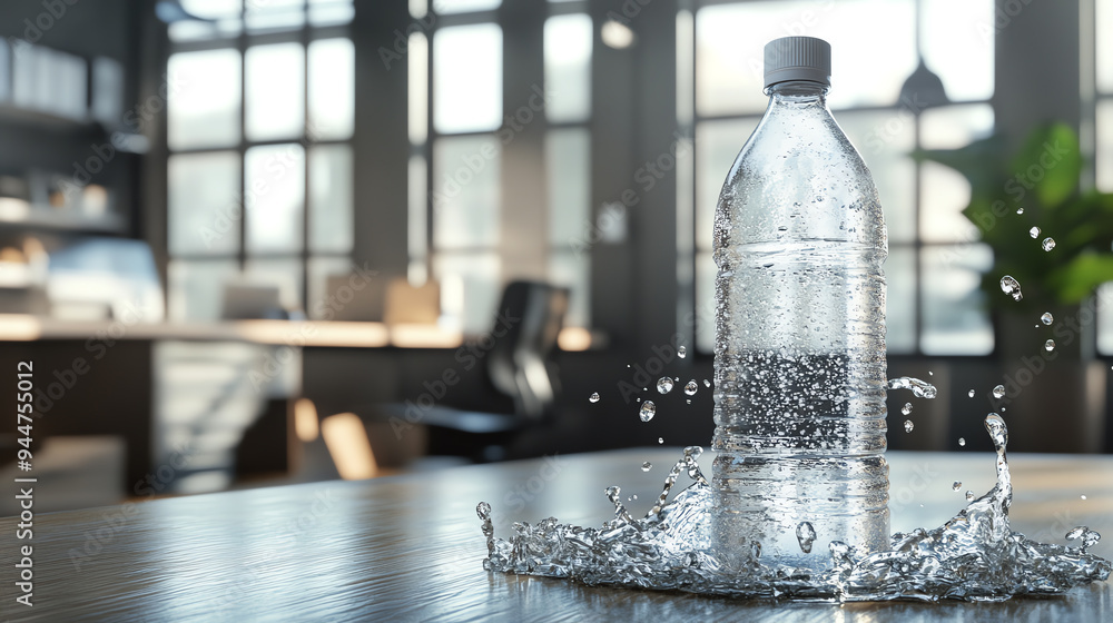 Clear plastic water bottle on a wooden table with water droplets in a modern office setting, natural light from large windows. Clear plastic water bottle on a wooden table with water droplets in a modern office setting, natural light from large windows.